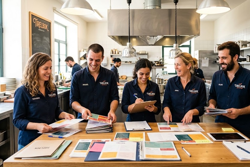 Equipa do soloraft a sorrir numa cozinha luminosa enquanto organiza cardápios
