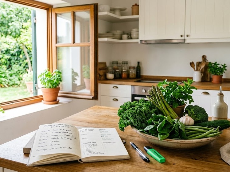 Cozinha luminosa com vegetais frescos verdes e um caderno de planeamento de refeições