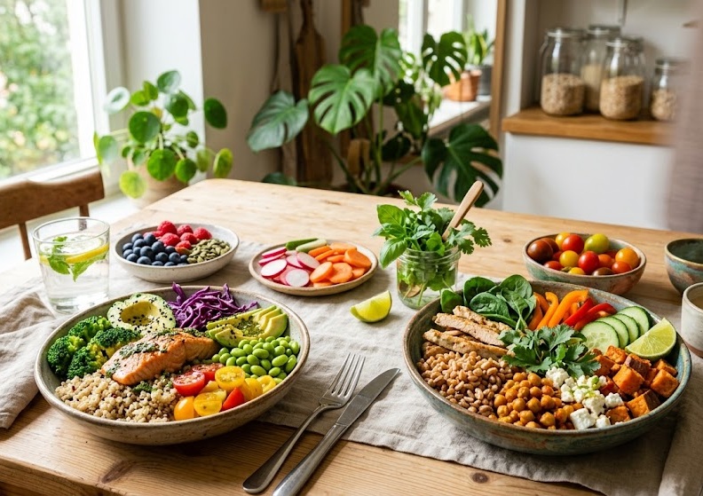 Mesa luminosa com tigelas de refeições equilibradas e ingredientes frescos coloridos